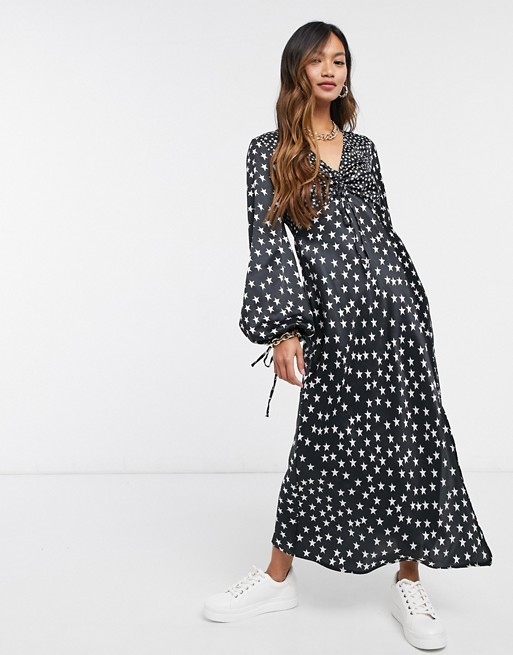 ASOS DESIGN ruched front bias midi tea dress with balloon sleeve in star print