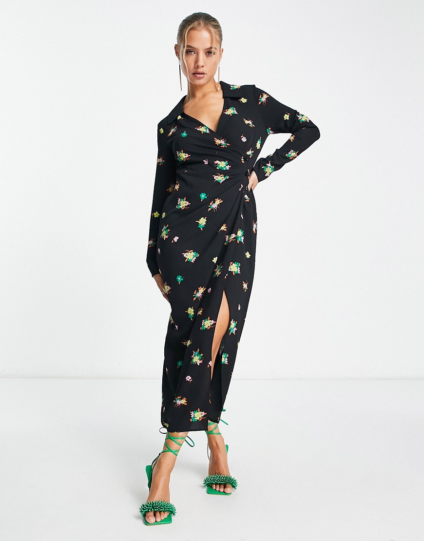 ASOS DESIGN ruched front button up wrap shirt midi dress in black floral print-Multi