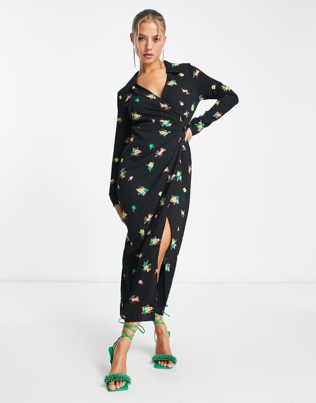 ASOS DESIGN ruched front button up wrap shirt midi dress in black floral print