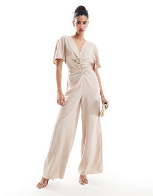 Asos Design Ruched Front Cut Out Back Jumpsuit In Beige-neutral