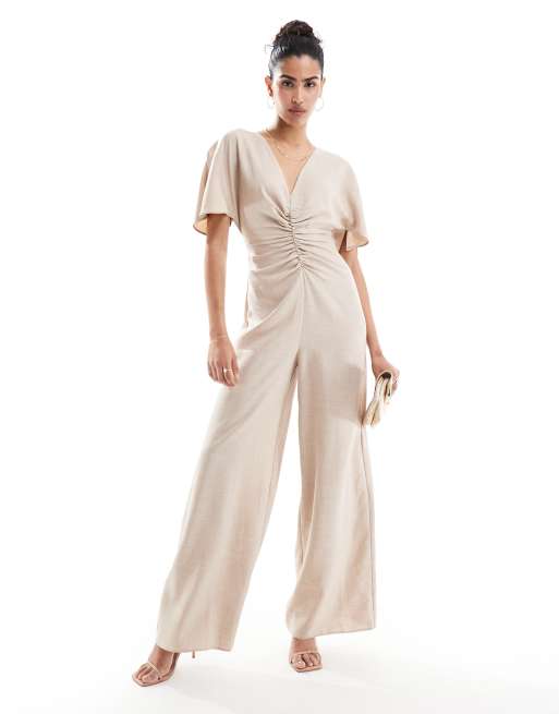 ASOS DESIGN ruched front cut out back jumpsuit in beige