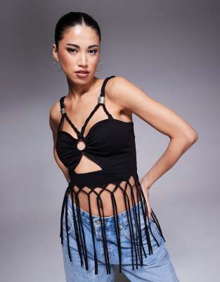 ASOS DESIGN ruched front fringed cami top in black - view 1