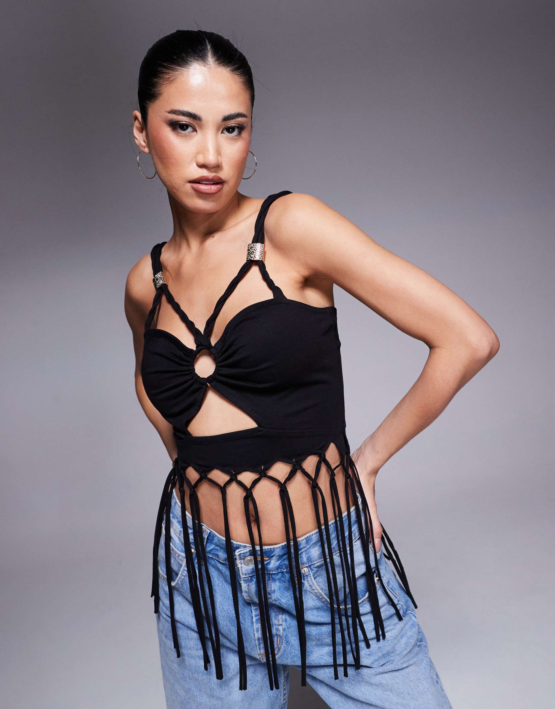 asos design ruched front fringed cami top in black