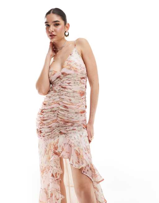 ASOS DESIGN ruched front high low frill maxi dress in animal floral print 