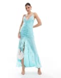 [ASOS DESIGN] ASOS DESIGN ruched front high low frill maxi dress in aqua-Blue 6 AQUA