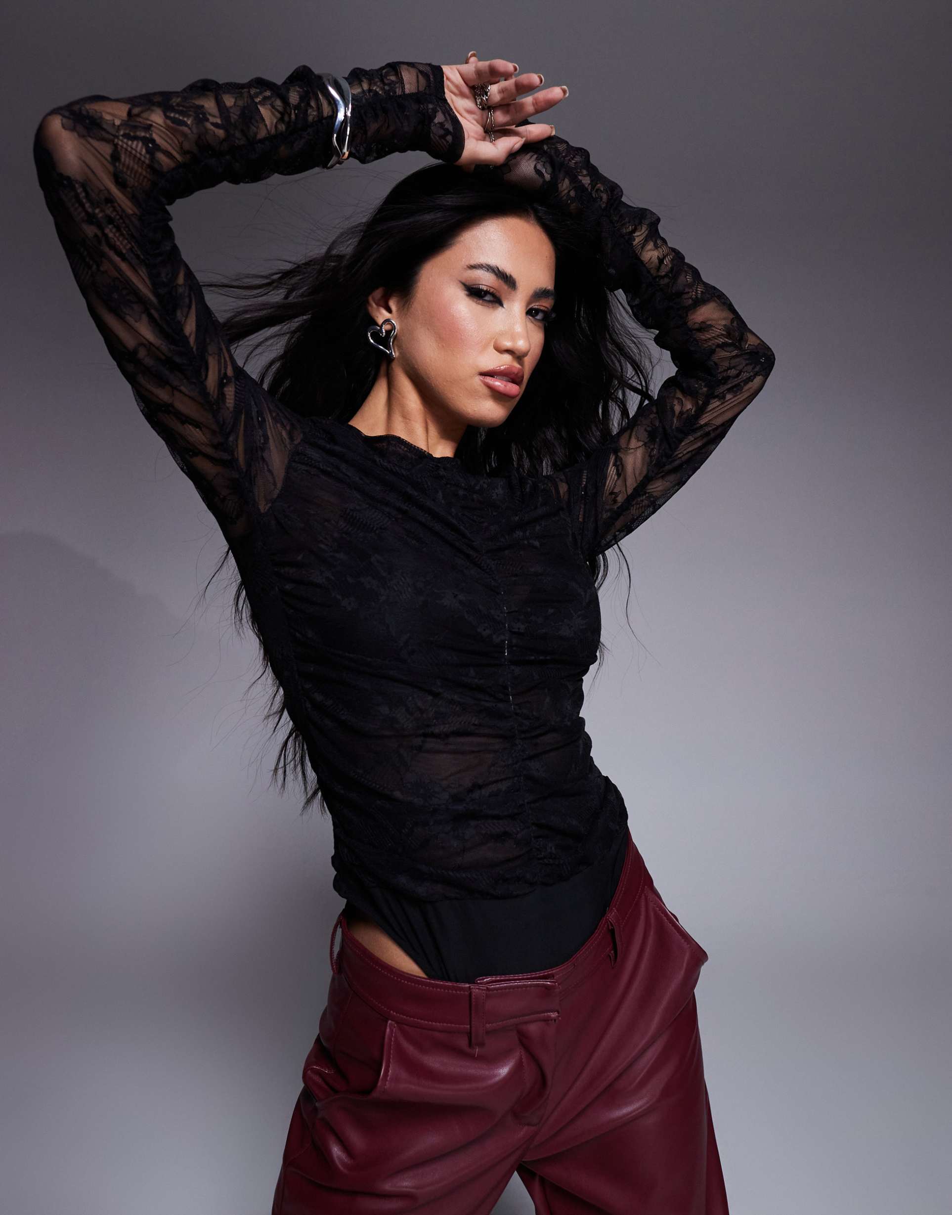 asos design ruched front lace long sleeve bodysuit in black