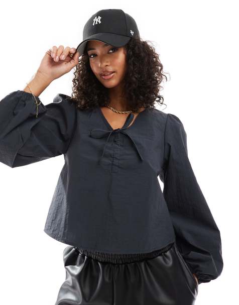 ASOS DESIGN ruched front long sleeve blouse in black - view 1