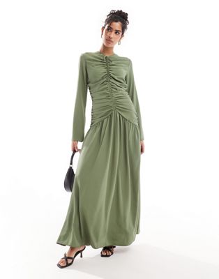Asos Design Ruched Front Maxi Dress In Khaki-green
