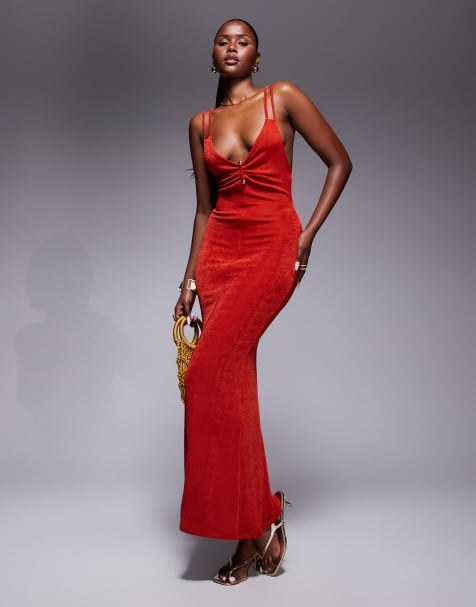 ASOS DESIGN ruched front maxi dress with cross back and gold trim in red - view 1