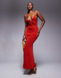 [ASOS DESIGN] ASOS DESIGN ruched front maxi dress with cross back and gold trim in red 12 red