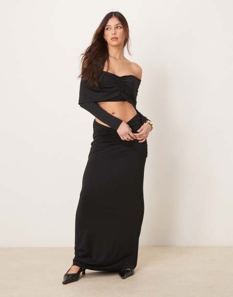 ASOS DESIGN ruched front mesh bardot and skirt co ord in black - view 1