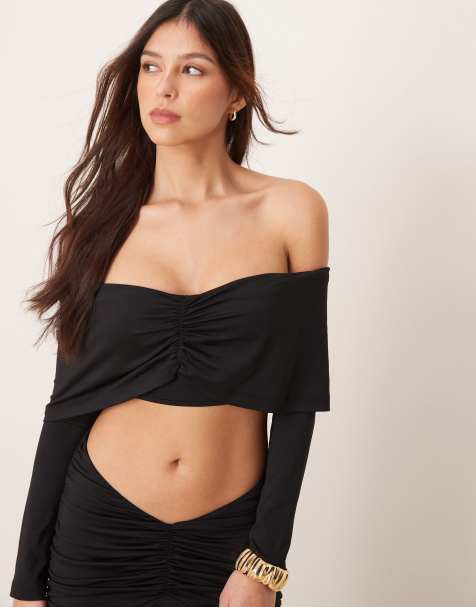 ASOS DESIGN ruched front mesh bardot co ord top in black