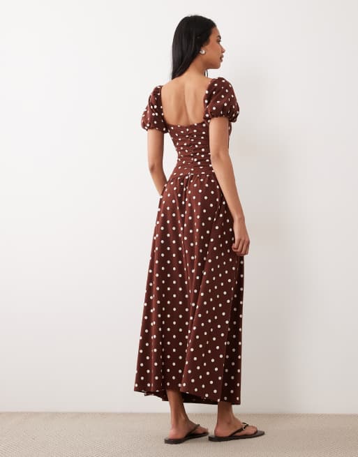 ASOS DESIGN ruched front midaxi day dress in chocolate polka dots, 4 of 4