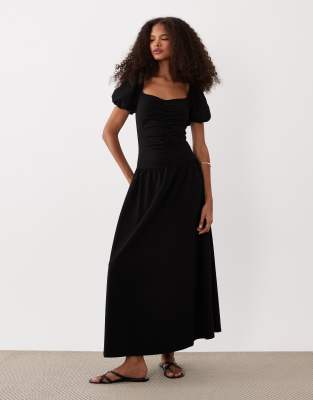 Asos Design Ruched Front Midi Tea Dress In Black