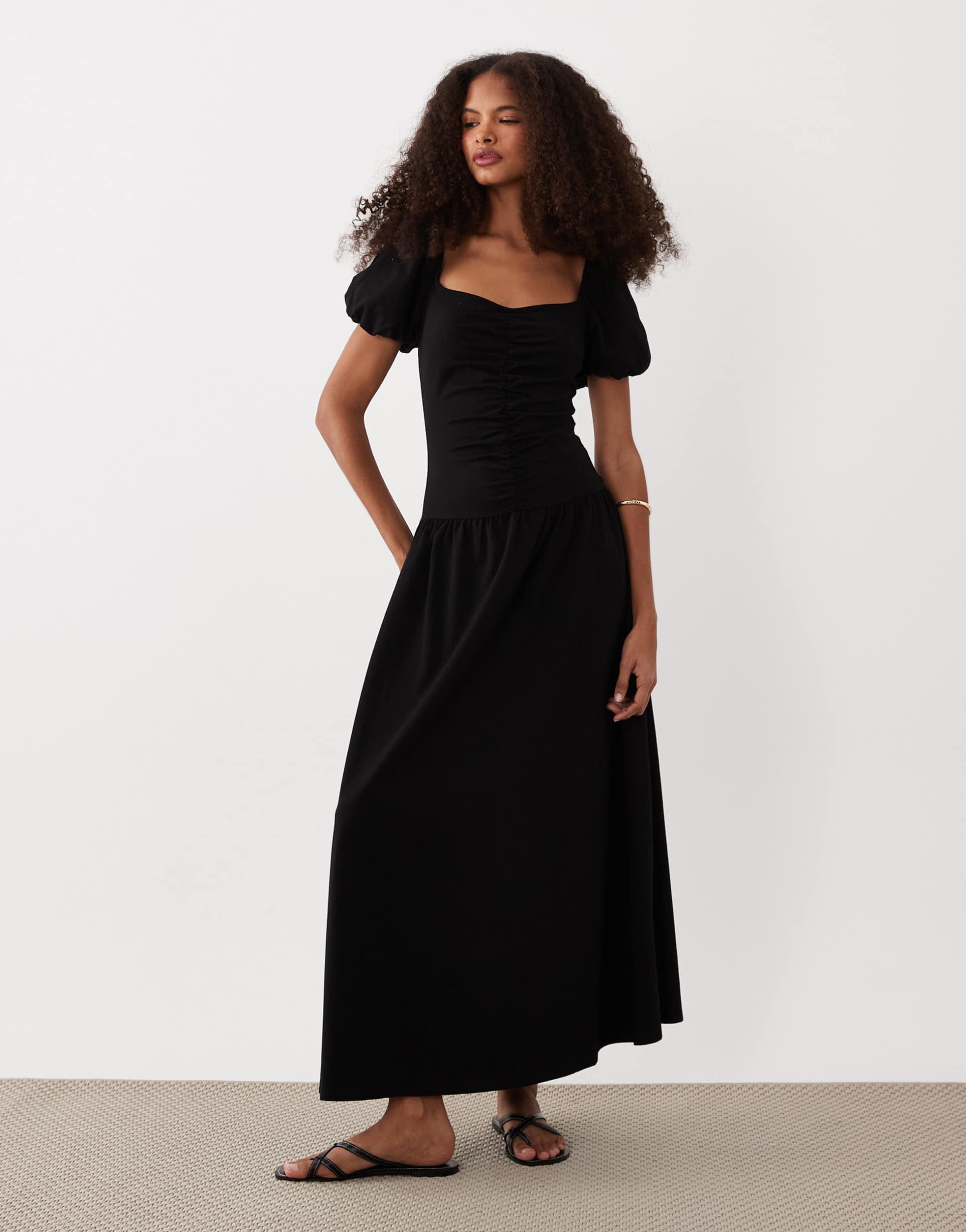 asos design ruched front midi tea dress in black