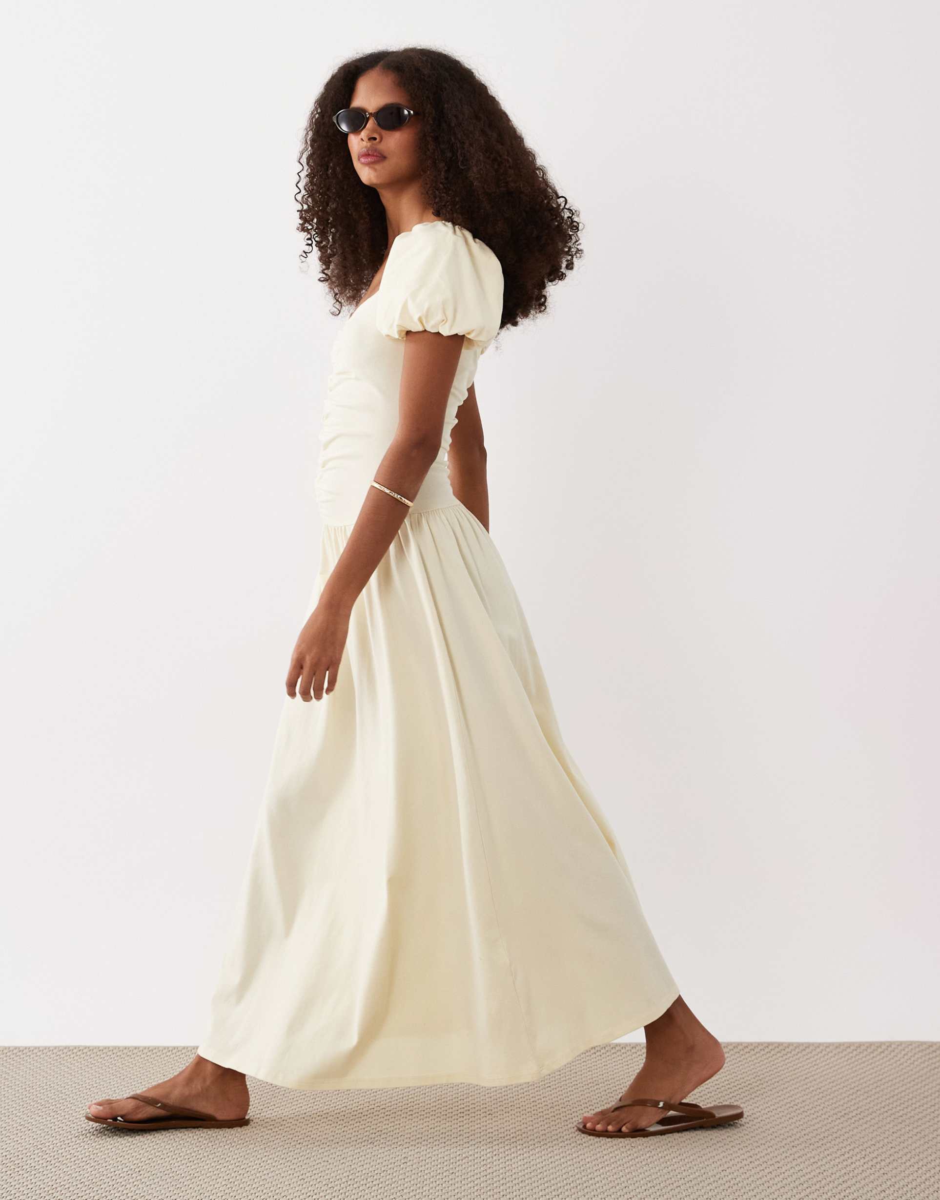 asos design ruched front midi tea dress in buttermilk