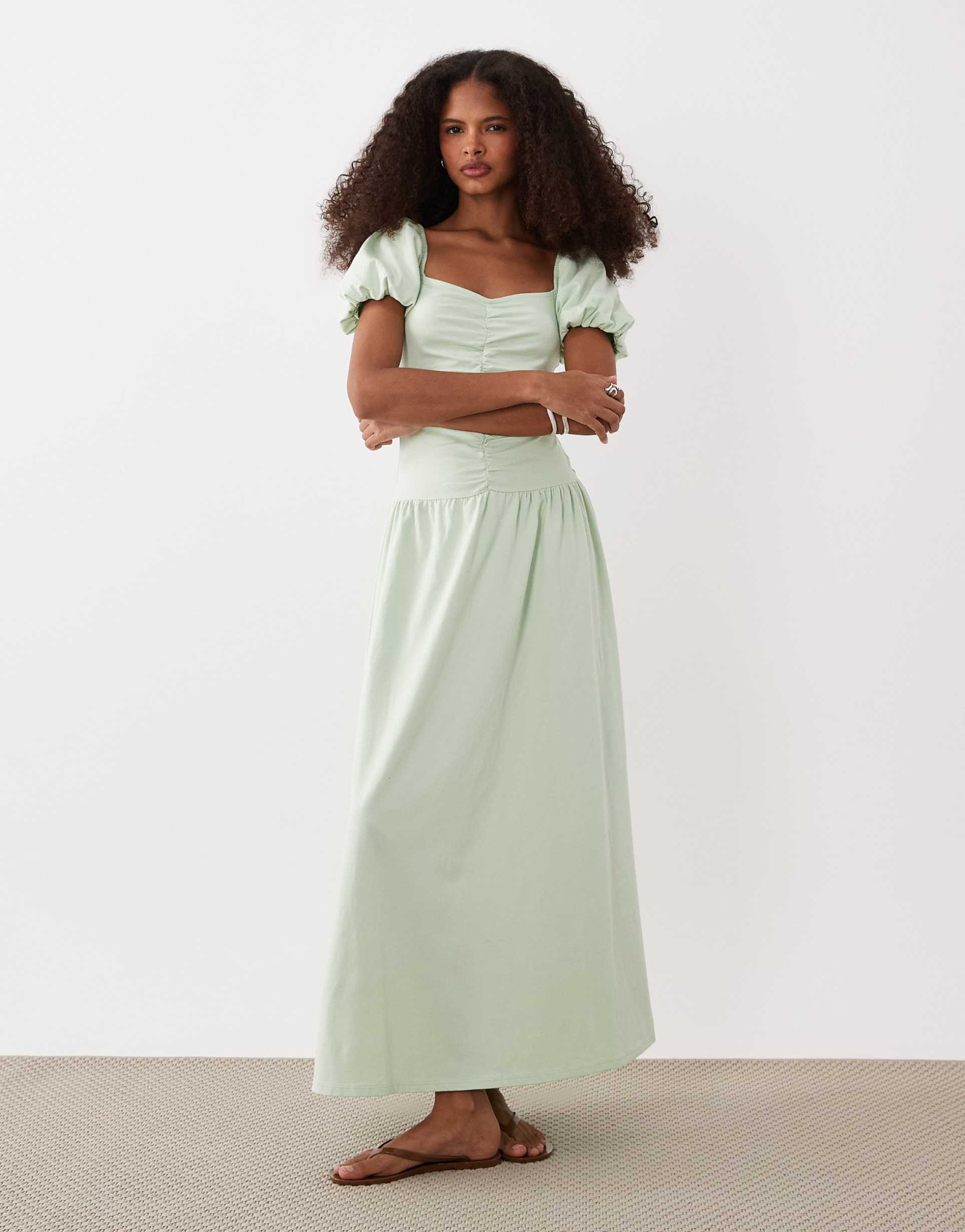 asos design ruched front midi tea dress in sage
