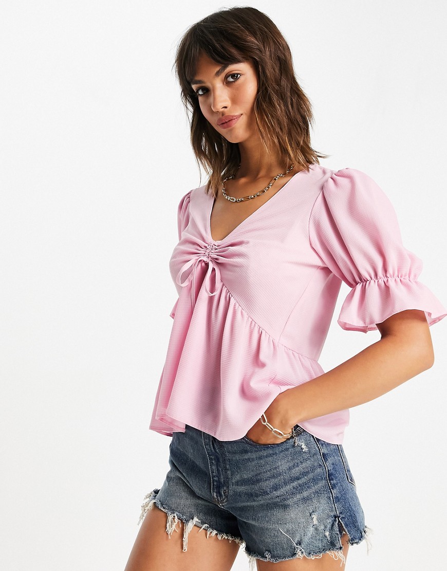 ASOS DESIGN ruched front peplum top with puff sleeve in blush-No color
