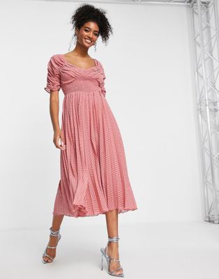 ASOS DESIGN ruched front pleated midi dress with shirred waist in chevron dobby in dusky pink