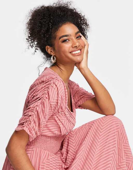 ASOS DESIGN ruched front pleated midi dress with shirred waist in chevron dobby in dusky pink, 2 of 4
