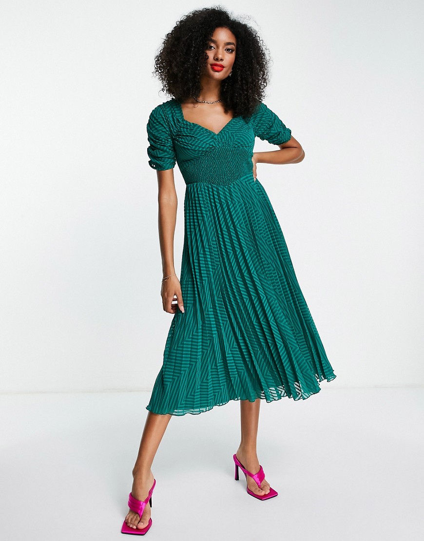 ASOS DESIGN ruched front pleated midi dress with shirred waist in chevron dobby in forest green