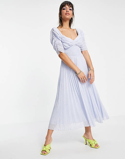 Dresses ruched front pleated midi dress with shirred waist in chevron dobby in pale blue 