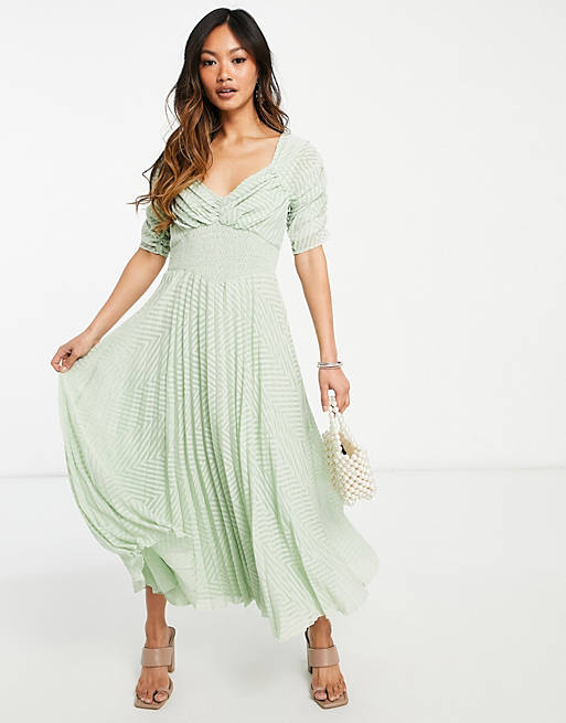 ASOS DESIGN ruched front pleated midi dress with shirred waist in ...