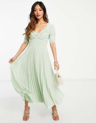 ASOS DESIGN ruched front pleated midi dress with shirred waist in textured chevron in sage green