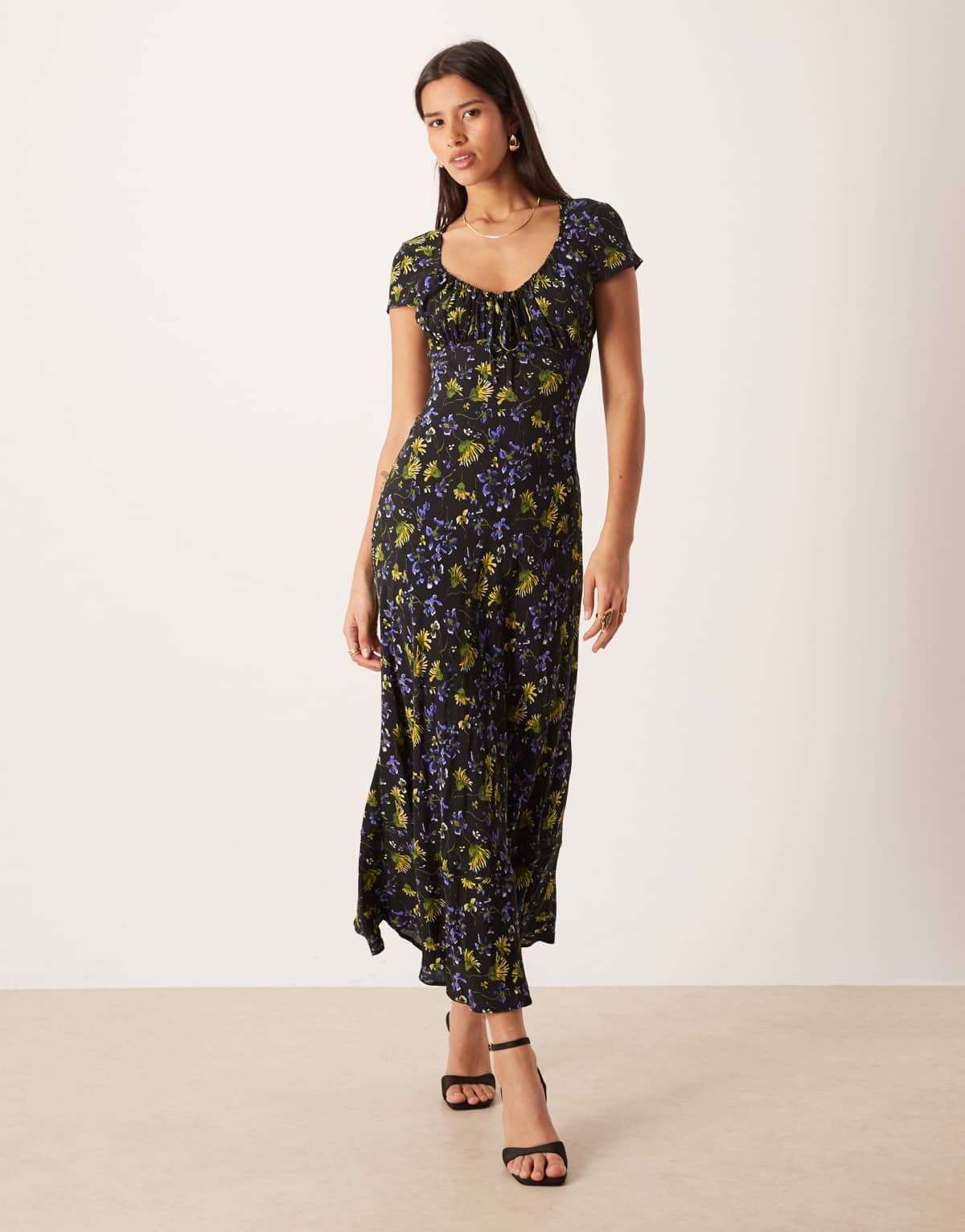 ASOS DESIGN ruched front puff sleeve maxi dress in ditsy print