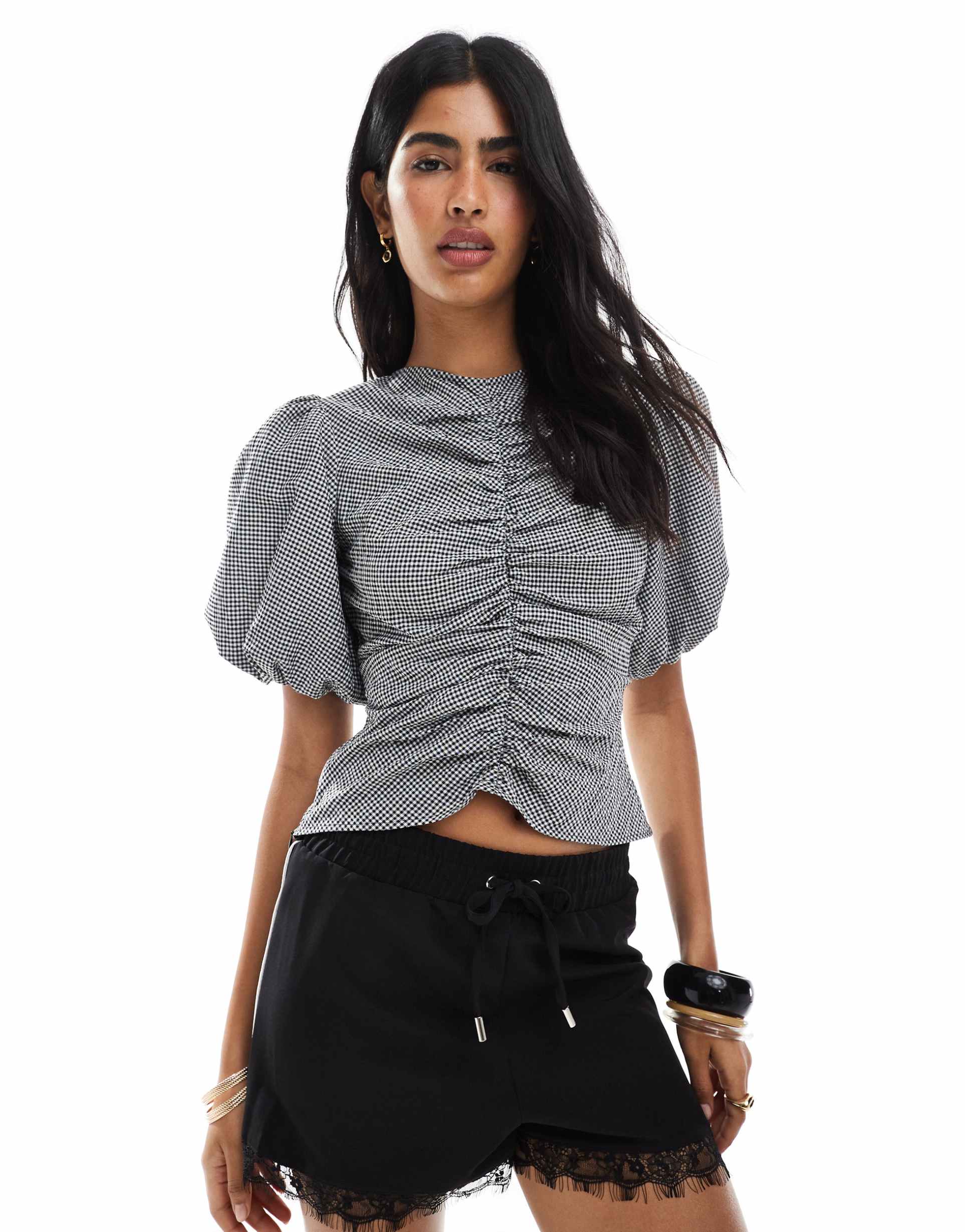 asos design ruched front puff sleeve top in gingham