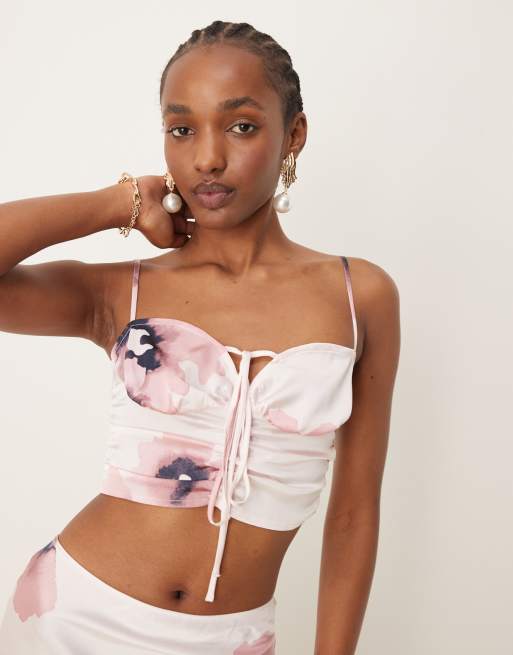 'ASOS DESIGN ruched front satin cami in watercolour floral (part of a set)