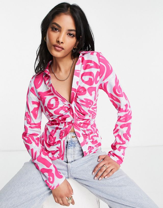 ASOS DESIGN ruched front shirt in blue & pink abstract alphabet print