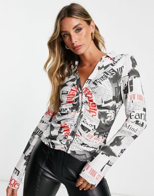 Asos Design Ruched Front Shirt In Newspaper Print-multi