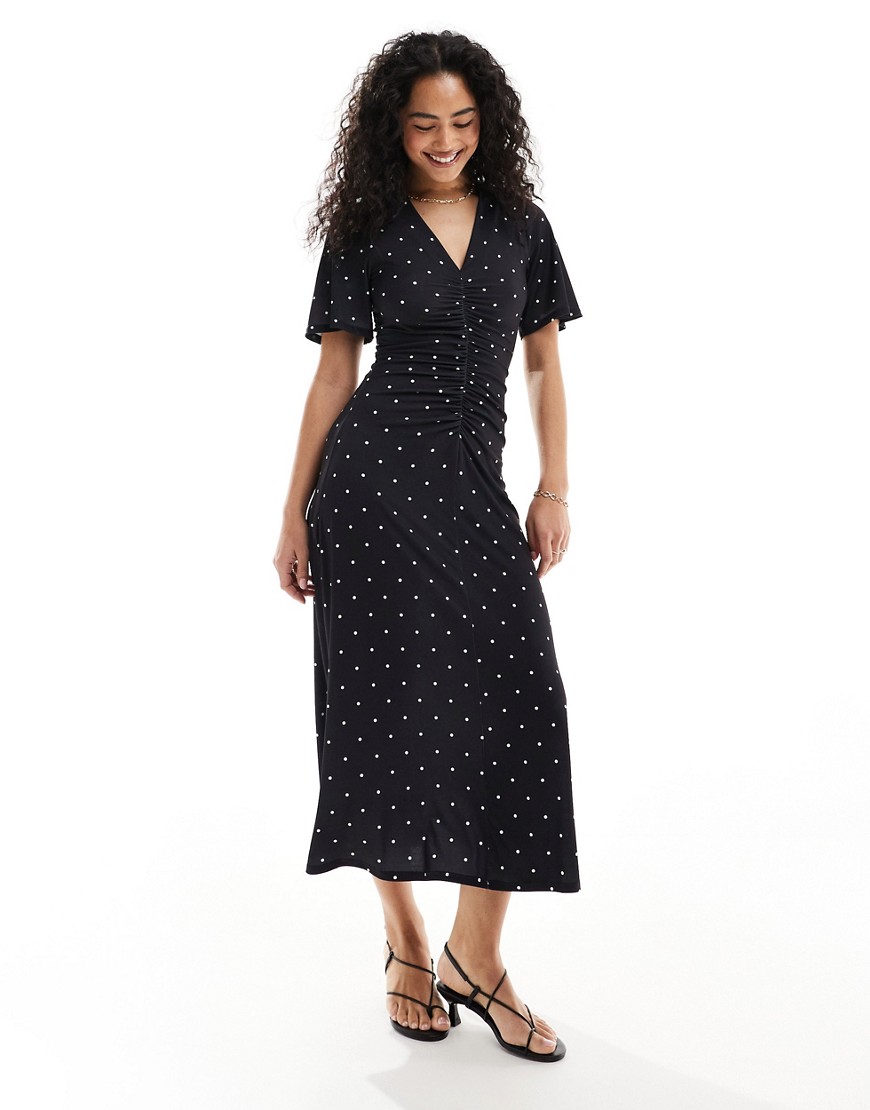 Asos Design Ruched Front Tea Dress In Monochrome Polka Dot-multi In Black