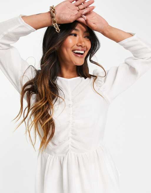 ASOS DESIGN Fuller bust long sleeve ruched channel front top with flared  sleeve in white