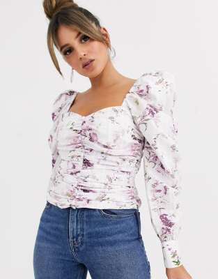 Asos Design Ruched Front Top With Volume Sleeve In Wallpaper Floral Print-multi