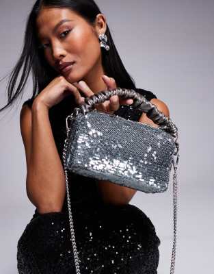 ruched grab clutch bag with detachable cross body strap in silver sequin