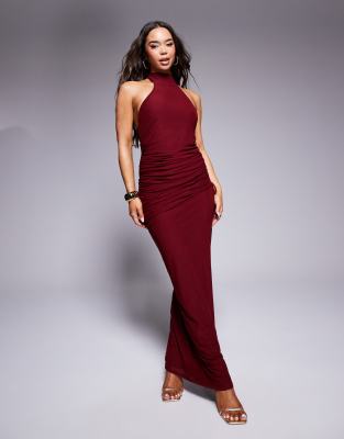 ruched halter maxi dress with asymmetric back detail in burgundy-Red