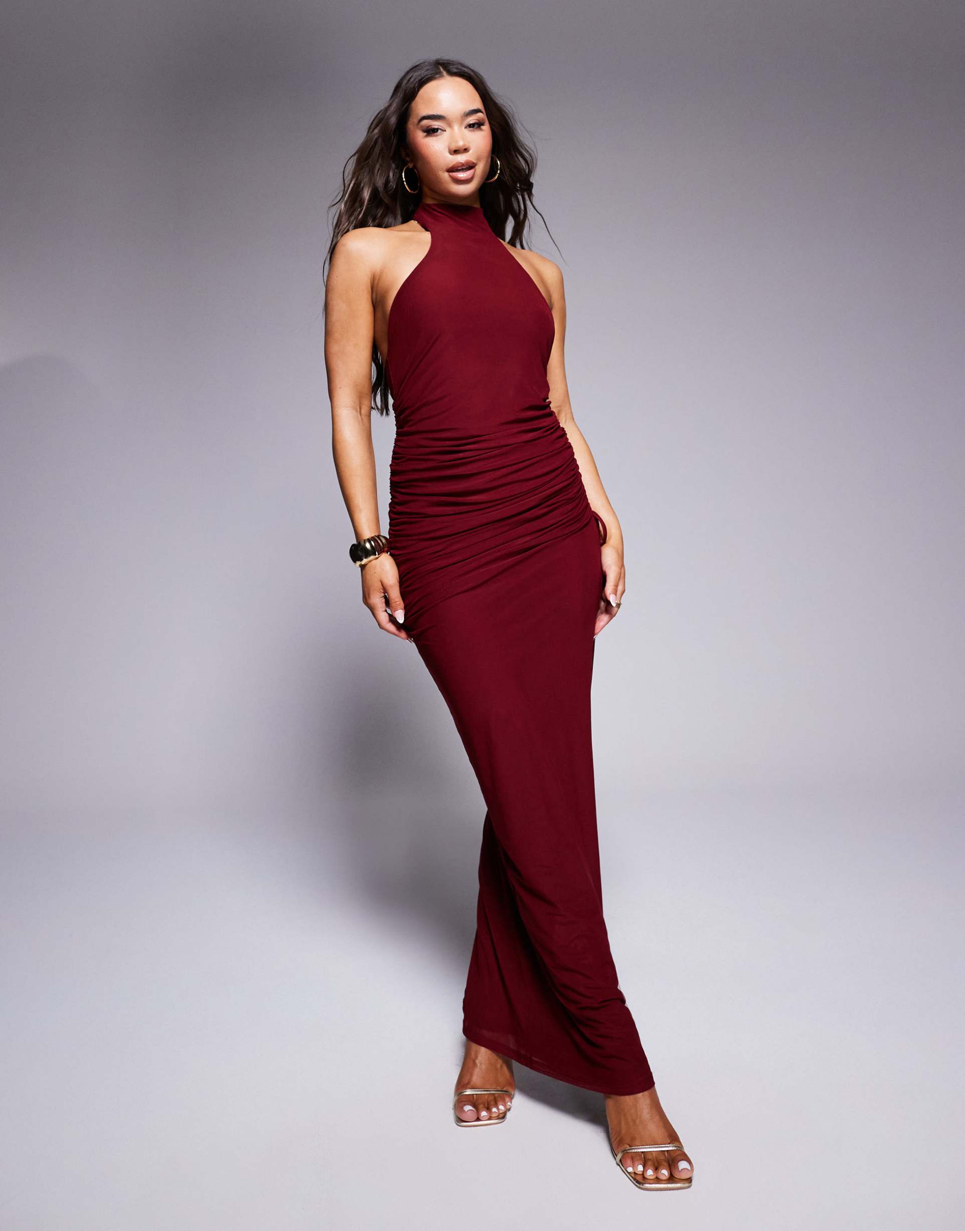 asos design ruched halter maxi dress with asymmetric back detail in burgundy