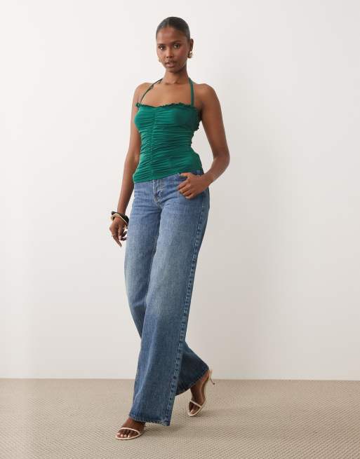 ASOS DESIGN ruched halter neck cami top in teal, 3 of 4