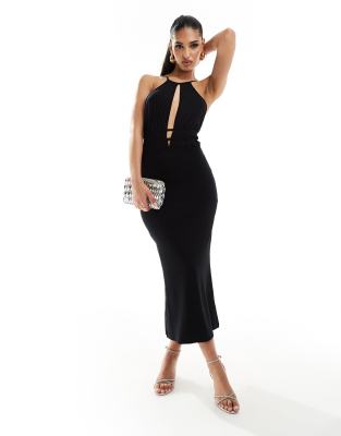 ruched halter softline midi dress in black