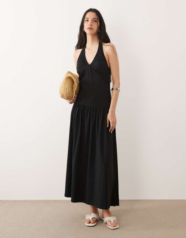 asos black halter neck dress DESIGN ruched halterneck drop waist maxi in Size:SZ 6