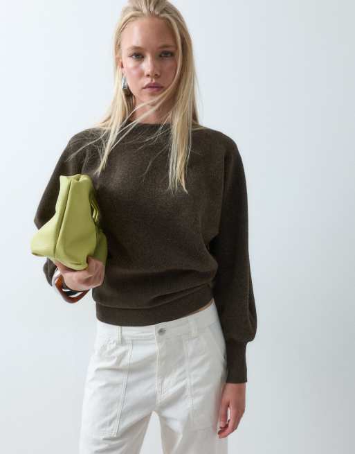 ASOS DESIGN ruched hem batwing jumper in chocolate, 2 of 5