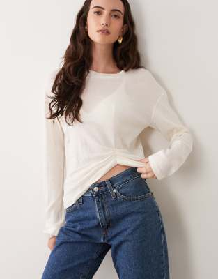 Asos Design Ruched Hem Long Sleeve T-shirt In White