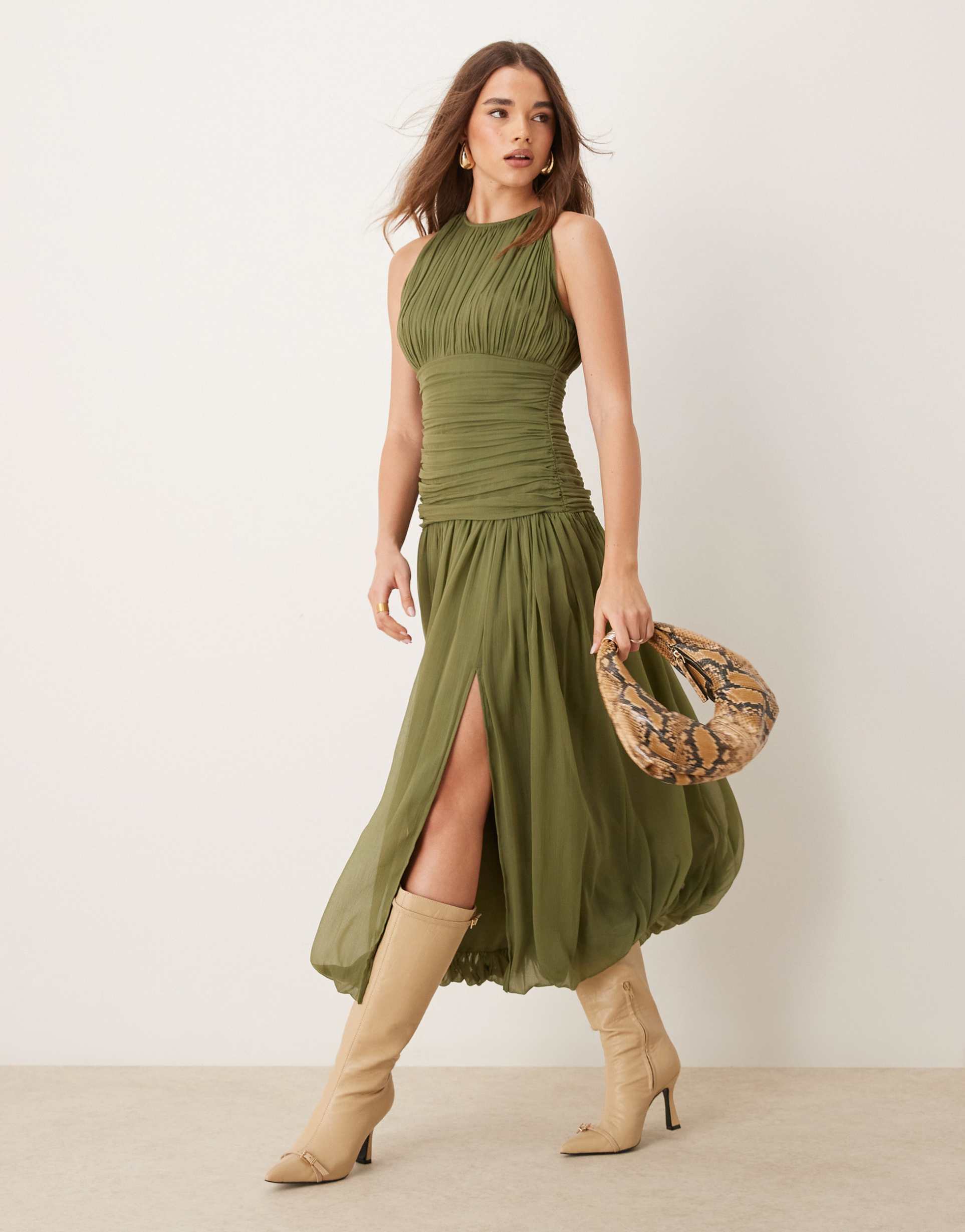 asos design ruched high neck dropped waist seam midi dress in khaki