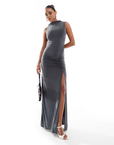 ASOS DESIGN ruched high neck maxi dress in charcoal - view 1