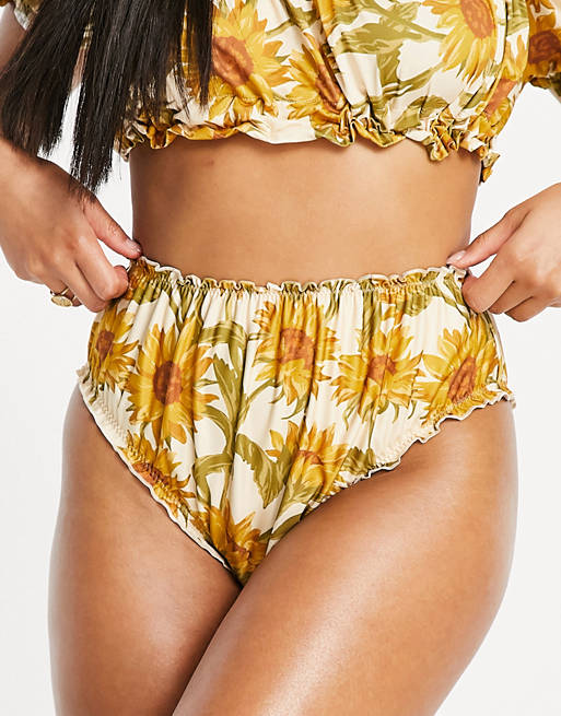  ruched high waist bikini bottom in sunflower print 