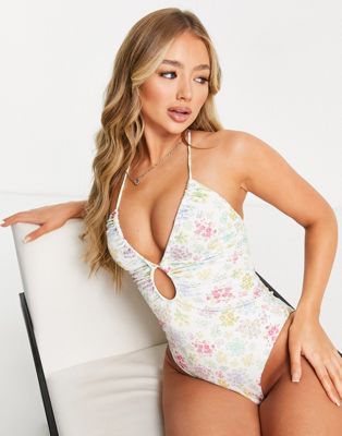 ASOS DESIGN ruched keyhole front swimsuit in ditsy floral print