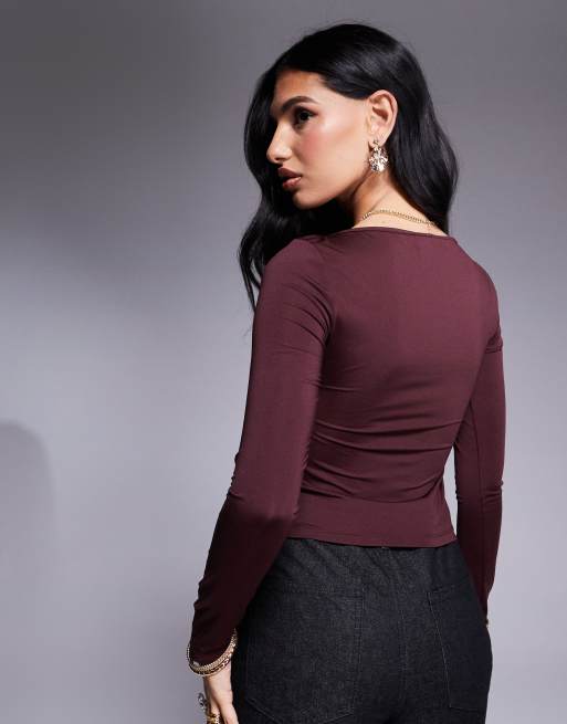 ASOS DESIGN ruched keyhole long sleeve top in brown