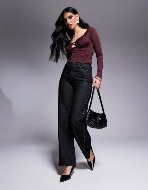 ASOS DESIGN ruched keyhole long sleeve top in brown